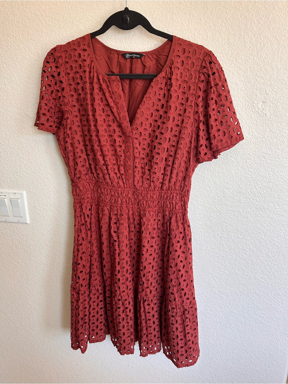Eyelet V-Neck Dress in Rust